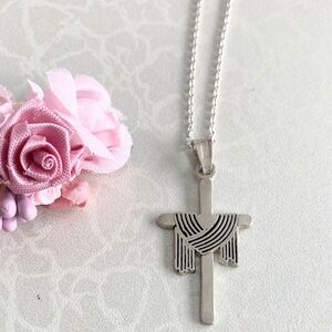 Silver Cross Pendant Necklace with Draped Shroud Design - Women Jewelry